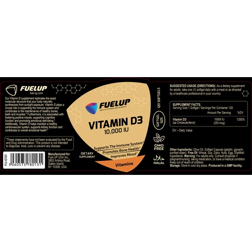 Fuel-Up Vitamin D3 10 000 IU – Nagy dózisú D3-vitamin lágyzselatin kapszulában (120 db)
